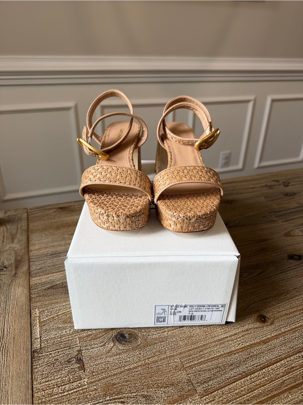 Larroude Dolly Verona Low Sandal - Woven Platform Sandal in Tan - 7- NWT